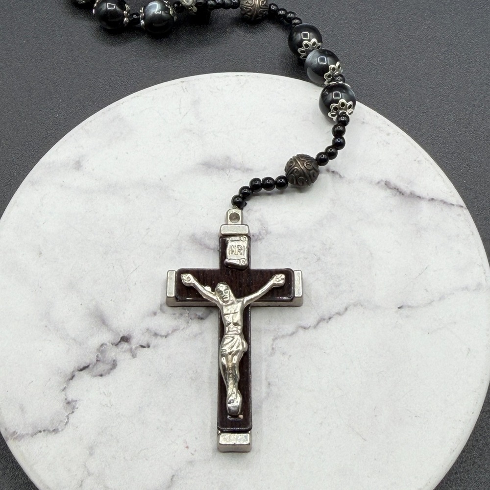 Catholic Hematite Bead Rosary Wood Crucifix St Francis Medal Prayer Necklace